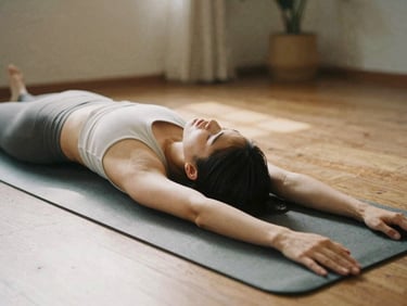 Editorial photograph of a person gently stretching on a yoga mat in a sunlit room, relaxed posture, soft natural daylight.