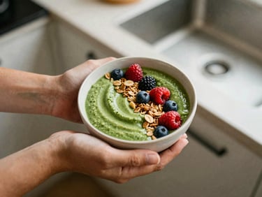 Overhead shot of a person's hands holding a vibrant green smoothie bowl with fresh berries and granola, soft natural daylight, shallow depth of field, warm earthy tones, modern kitchen background