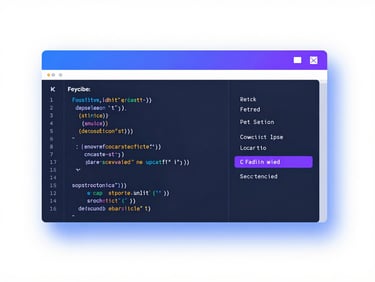 Vector illustration of code editor window with syntax highlighting, clean blue gradient lines, and soft shadows on a white background.
