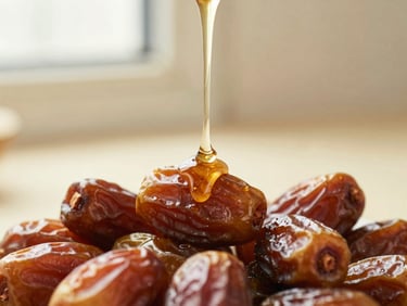 Macro shot of golden maple syrup slowly drizzling over fresh dates, warm diffused side-light, shallow depth of field, muted cream and terracotta tones.