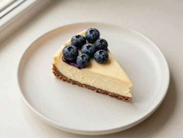 Overhead flat-lay of a slice of raw blueberry cheesecake, smooth texture, fresh blueberries, minimalist plate, warm editorial food photography, soft afternoon window light, muted cream and terracotta tones, shallow depth of field, 35mm.