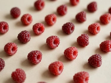 Overhead flat-lay of vibrant cold-pressed raspberries, casting gentle shadows, warm diffused side-light, shallow depth of field, muted cream and terracotta tones.