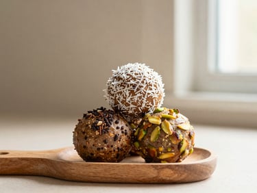 Stack of three energy balls, one with shredded coconut, one with cacao nibs, one with pistachio, on a small wooden board, warm editorial food photography, soft afternoon window light, muted cream and terracotta tones, shallow depth of field, 35mm.