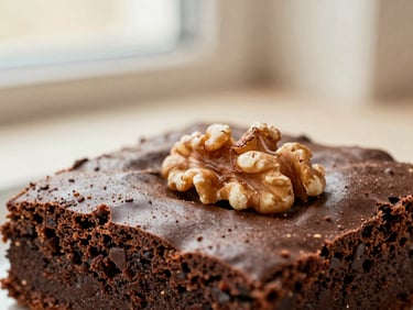 Close-up macro shot of the crumb of a dark chocolate brownie, rich texture, a few cracked walnuts visible, warm editorial food photography, soft afternoon window light, muted cream and terracotta tones, shallow depth of field, 35mm.