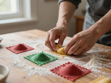 Overhead editorial shot of hands preparing fresh handmade pasta on a flour-dusted wooden table, soft natural window light, shallow depth of field, 35mm