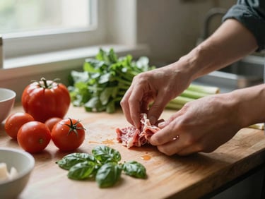 Close-up of hands preparing raw farm ingredients in a quiet restaurant kitchen, soft daylight, gentle shadows, warm editorial photography, 35mm