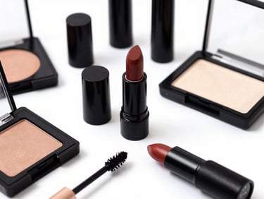 Close-up de produtos de maquiagem (batom, paleta de sombras, rímel) dispostos em um flat lay limpo sobre fundo branco, com iluminação de estúdio brilhante e alto contraste.