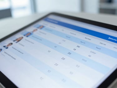 A close-up of a clean digital interface on a tablet showing candidate matching scores, cool blue tones, bright office background, shallow depth of field.