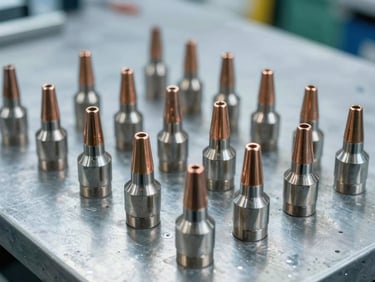 Industrial welding torch nozzle with copper tips arranged on a clean metal workbench, sharp focus, metallic reflections