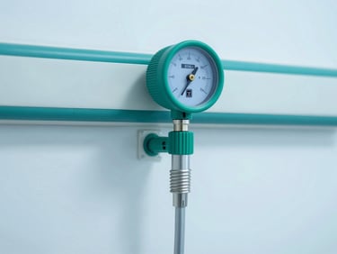 Medical oxygen flowmeter mounted on a clean hospital wall, emerald green details, bright clinical lighting