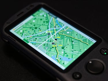 Macro shot of a rugged Android handheld terminal displaying a high-fidelity logistics map, cool green screen glow, dark background, technical schematic style