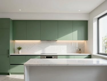 Minimalist modern kitchen with sleek handleless green cabinets, white quartz countertops, integrated warm lighting, bright daylight, 35mm lens