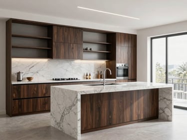 High-end Italian style kitchen with premium marble island, dark wood accents, open shelving, minimalist luxury design, bright lighting, 35mm lens