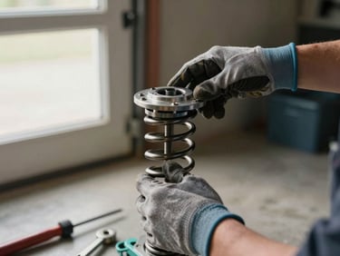 Angled close-up of a technician's gloved hands adjusting a garage door torsion spring mechanism, soft natural window light from the left, tools visible on the concrete floor below