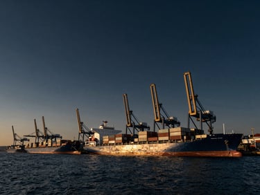 Ultra-wide low-angle shot of a deep-water container port in Istanbul, massive cargo ships docked under dramatic golden-hour maritime sun, industrial crane silhouettes against deep navy sky.