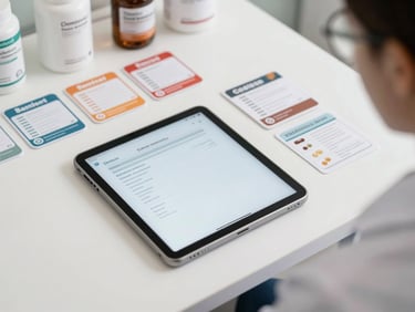 Overhead view of a nutritionist's desk in a consultation room, bright clinical lighting, a tablet displaying a prescription form, supplement product cards arranged beside it, clean white surface