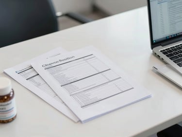 Overhead wide shot of a nutritionist consultation desk, printed supplement protocol sheets and a laptop open to a patient file, clinical fluorescent lighting, no people visible, clean professional environment