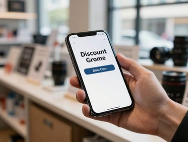 Close-up of a hand holding a smartphone showing a discount code on a white screen, supplement shop counter visible in the background, bright natural daylight from a window