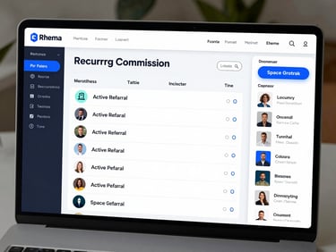 Bright, clean UI mockup of the Rhema partner dashboard showing recurring commission tracking, active referral lists, and marketing assets sidebar, Space Grotesk typography, electric blue accents.