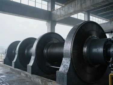 Close-up of industrial steel turbine machinery inside a clean concrete generator hall, cold natural light