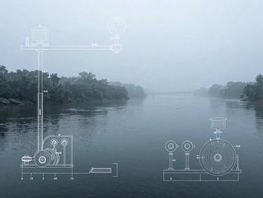 Detailed engineering blueprint overlay on a misty river background, technical diagram showing water flow sensors and turbine discharge monitoring, cold slate tones
