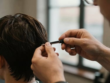 Close-up of stylist's hands working with quiet focus on a precision haircut, warm ambient lighting, muted industrial tones, shallow depth of field