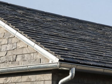 Low-angle architectural shot of a perfectly aligned natural slate roof with hand-shaped zinc gutters, crisp morning daylight, slate grey and metallic zinc tones, sharp focus, 35mm