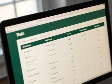 Macro shot of an analytical retail dashboard on a high-end monitor, crisp directional window light, deep forest green accents