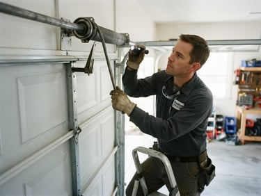 Professional technician in uniform inspecting a garage door spring mechanism, bright natural daylight, crisp focus, 35mm