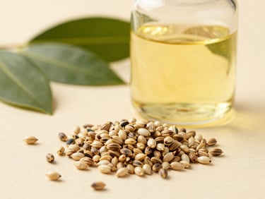 Raw Jojoba seeds and golden cold-pressed oil in a clean laboratory glass vessel, warm natural light