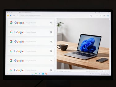Split-screen before-and-after Google Search results page on a desktop monitor, left side showing page three placement, right side showing page one placement for an e-commerce electronics brand, screen glow only, dark studio background