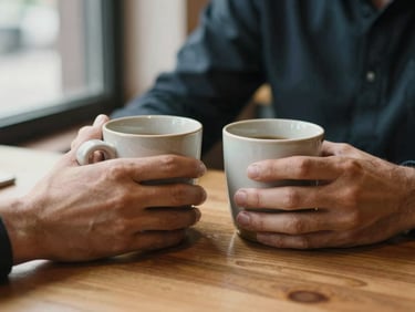 Close-up of two hands wrapped around ceramic mugs on a wooden café table, soft window light from the left, warm tones, no faces visible, quiet and unhurried