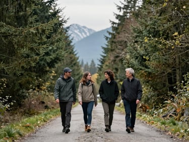 Four people on a slow walk along a tree-lined path in soft overcast daylight, side profiles in conversation, relaxed body language, no camera eye contact, British Columbia evergreen setting