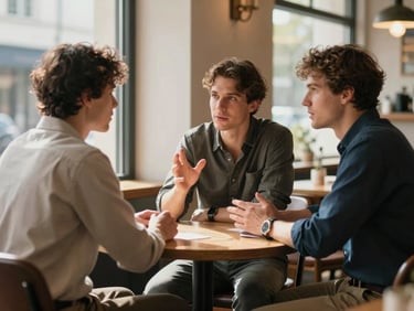 Three people seated around a small round table in a warmly lit café, mid-conversation, one person gesturing, natural afternoon window light, no eye contact with camera