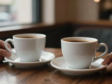 Close-up of two ceramic coffee cups on a café table, hands just visible at the edges, soft window light from the left, warm tones, shallow depth of field