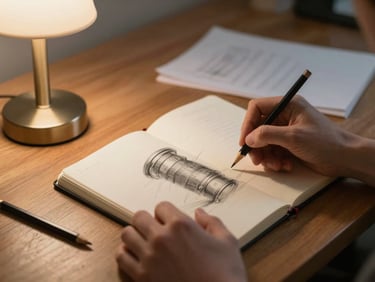 Hands sketching in a notebook on a wooden table beside a small lamp, paper and pencils softly lit by warm indoor light, close-up framing, evening atmosphere