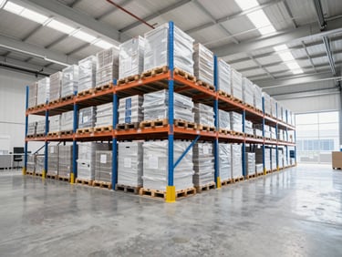 Interior of a massive, clean, well-lit modern corporate warehouse with high-bay shelving, perfectly organized pallets, smooth concrete floor, bright daylight, professional commercial style