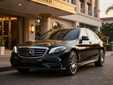 Three-quarters front view of a sleek black Mercedes-Benz S-Class parked near a luxurious hotel entrance in Abidjan, dramatic lighting, metallic reflections.
