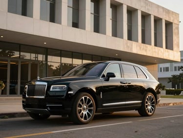 A powerful black luxury SUV parked in front of a modern architectural building in Abidjan, dramatic lighting, clean reflections.