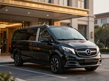 A luxury multi-passenger van with dark tinted windows, sleek design, parked near a premium hotel entrance at dusk.