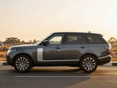 Side profile of a premium dark grey Range Rover Vogue driving through a clean Abidjan street, soft golden hour lighting, professional automotive photography.