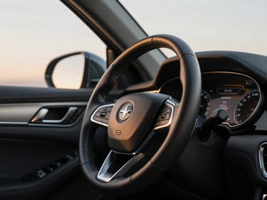 Close-up of a premium leather steering wheel and dashboard of a luxury car, soft evening light, high-end automotive interior.