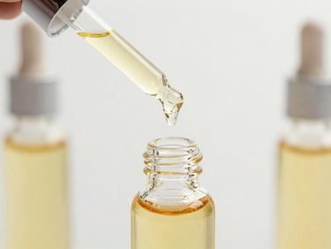 Macro shot of pure cold-pressed botanical oils dripping from a glass dropper, bright editorial photography, soft natural daylight, clean minimalist composition, 35mm lens