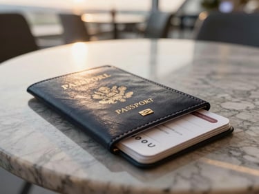 Tight close-up of a premium leather passport holder and boarding pass resting on a polished marble table in a quiet airport lounge, soft golden hour lighting.