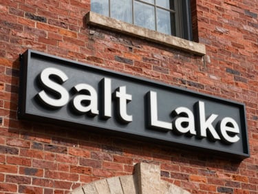 Clean modern signage mounted on a historic Salt Lake red brick facade under bright daylight.