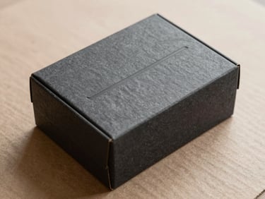 Embossed charcoal packaging box on raw cardboard background, sharp natural light.
