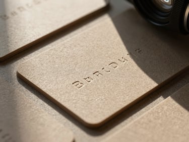 Extreme close-up of embossed business cards on textured sand paper, high-contrast natural light casting sharp geometric shadows.