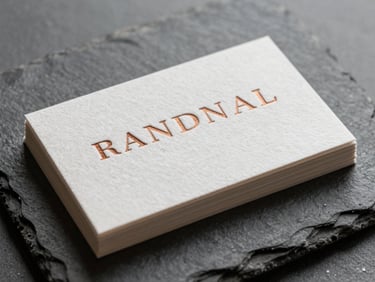 Thick cotton business cards with deep copper letterpress typography stacked on a slate block.