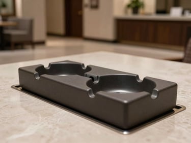 Wide panoramic view of an integrated ashtray bin in a clean modern hotel lobby, neutral lighting, sharp focus.
