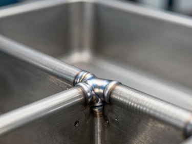 Macro detail shot of brushed stainless steel welds on a commercial bin, high-clarity studio lighting, expansive negative space.